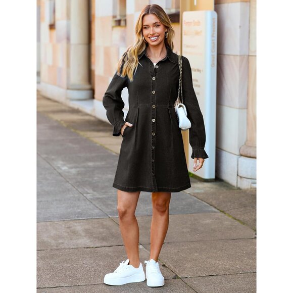 Women's Denim Dress Long Sleeve Mini Casual Button Pockets 2025 Fall - Picture 6 of 6